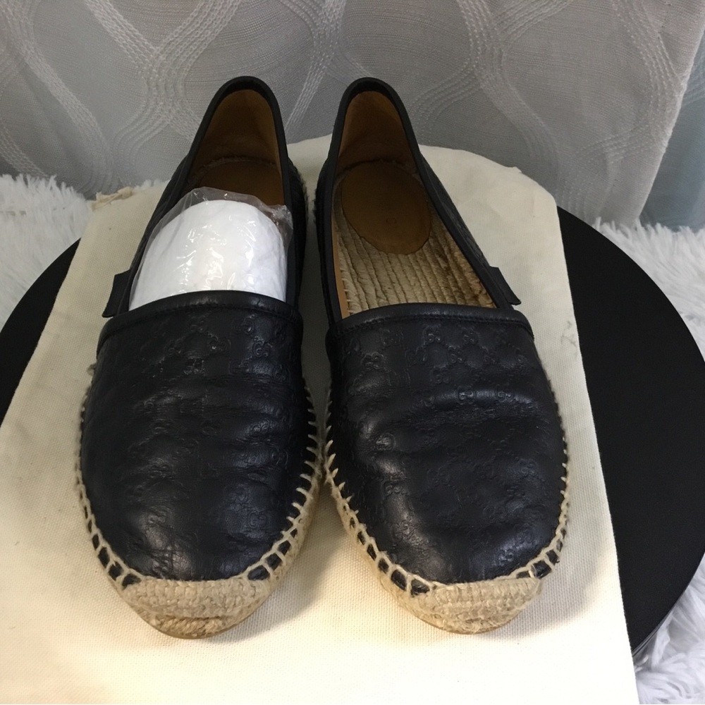 Gucci Black Leather Women’s Espadrilles with Jute Trim